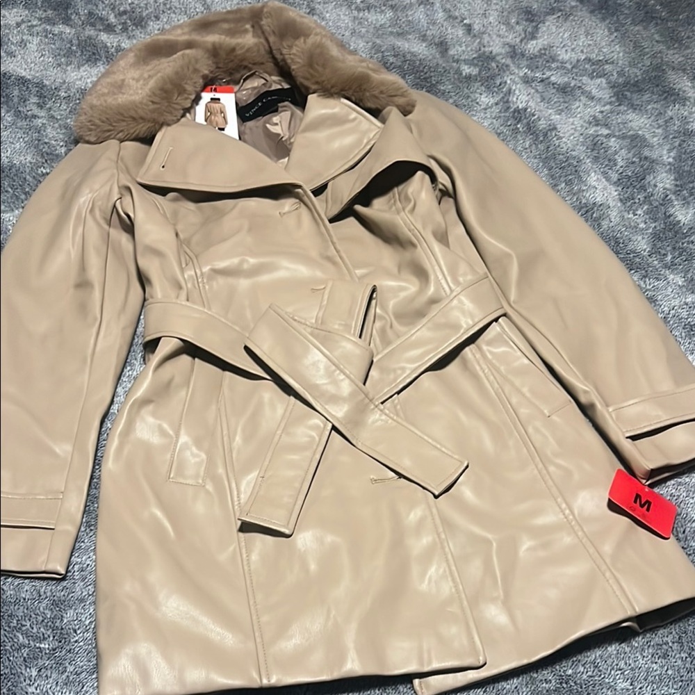 Tan Trench Coat with Belted Waist and Water-Resistant Fabric